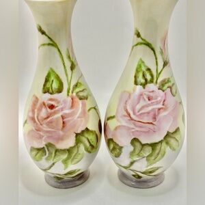 ✅ Rare Elegant Set Of 2 Tirschenreuth Bavarian Porcelain Pink Rose Vases Signed